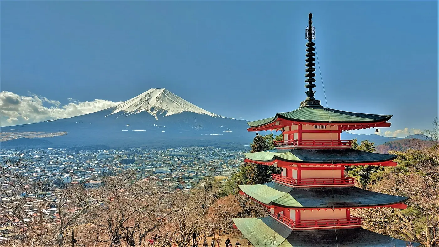 The Chureito Pagoda with Mt Fuji rising behind it